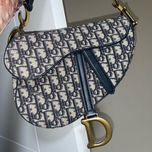 Authentic Vintage Dior Oblique Jacquard Saddle Bag in Navy and Gold